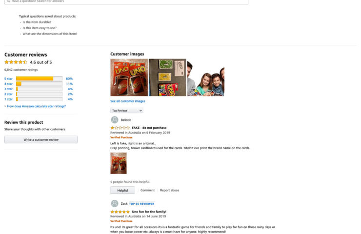 Amazon Screenshot of testimonials and reviews
