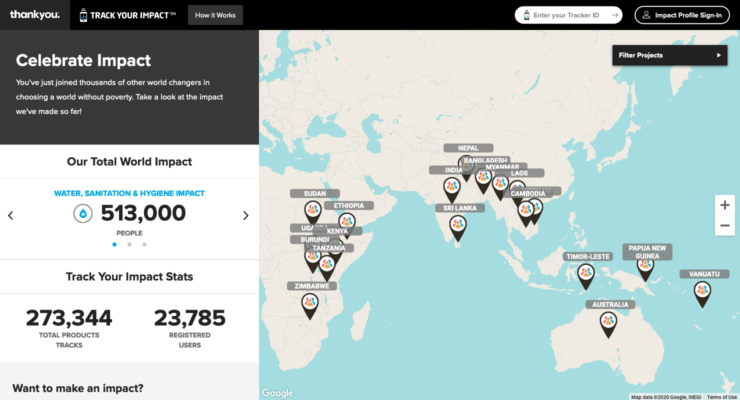 Screenshot of Thankyou's impact page