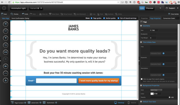 Unbounce - Adjust the landing page components