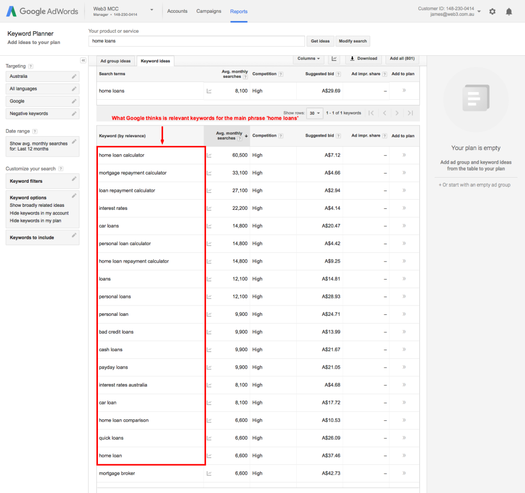 Google Ads Keyword Planner Choosing a relevant phrase