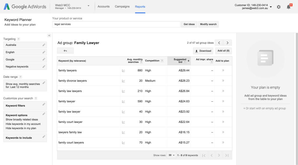 Google Ads Keyword Planner choosing an ad group