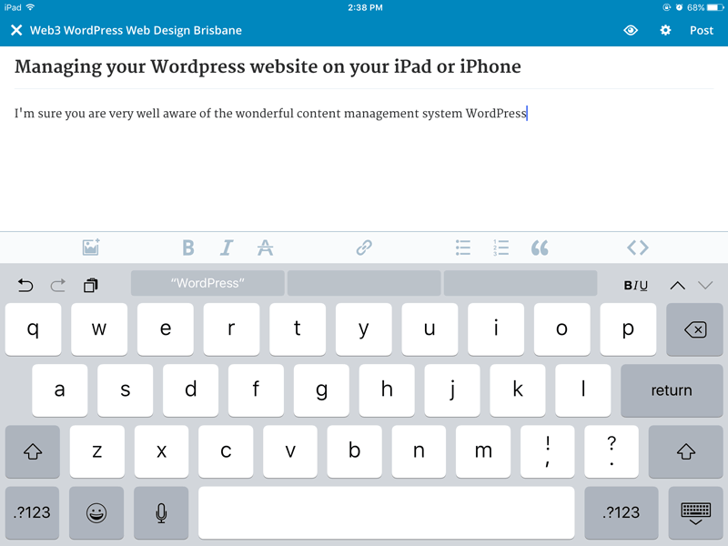 WordPress editor on iPad
