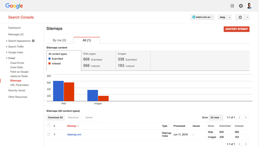 View of the Google Search Console Sitemap page showing total ammount of pages and images indexed.