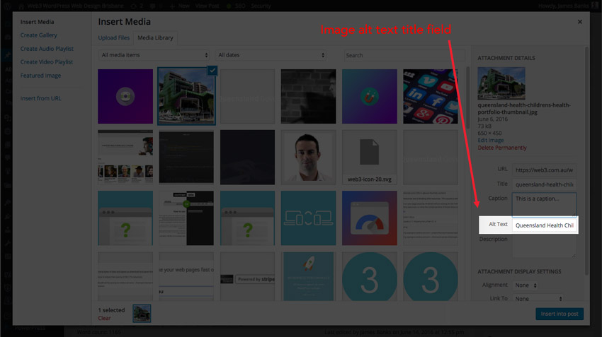 Website image alt text field view from the WordPress media section