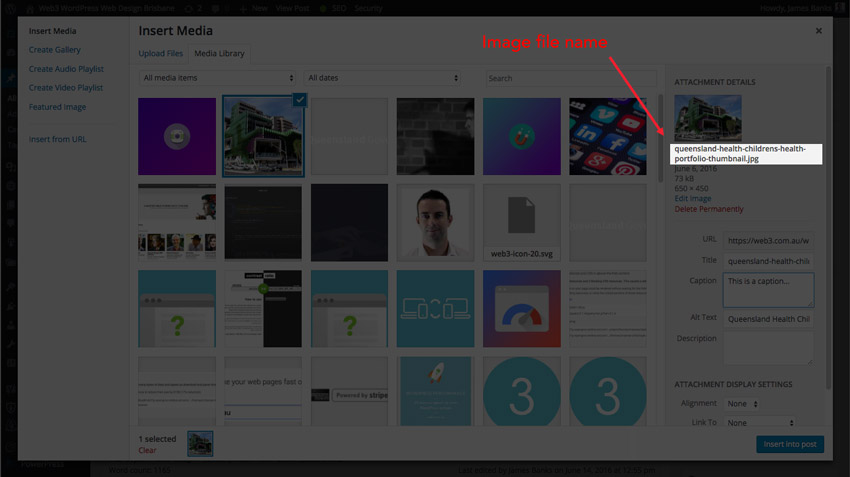 Website image file name view from WordPress media section