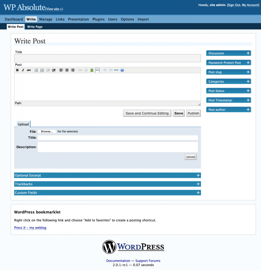 WordPress 2.0 New Post Dashboard