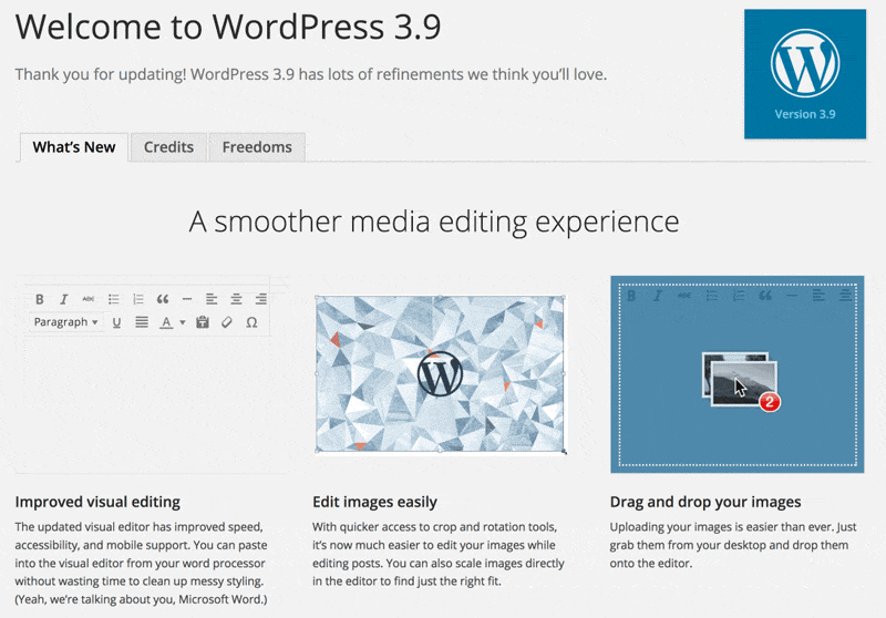 WordPress 3.9 Welcome Screen