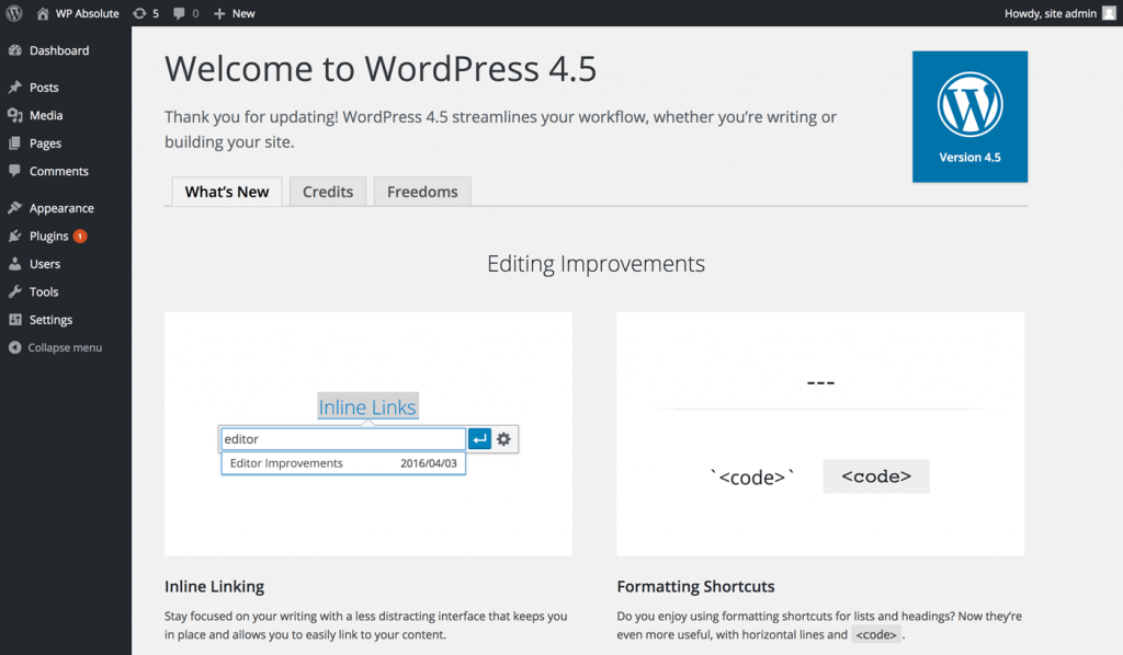 WordPress 4.5 Welcome Screen