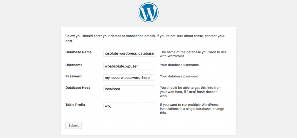WordPress Install Database Details