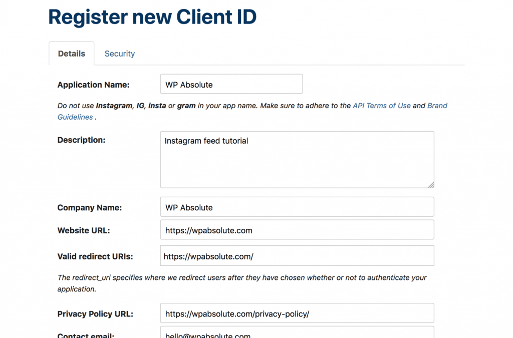 Instagram API - Register New Client ID