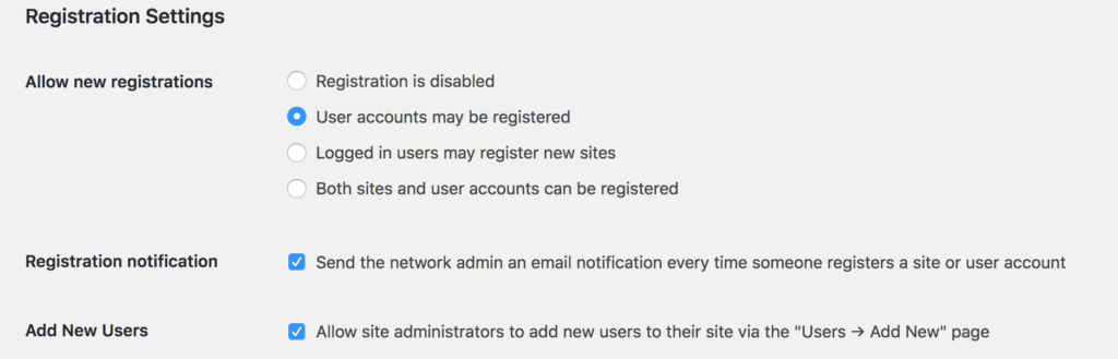 Registration Multisite Settings