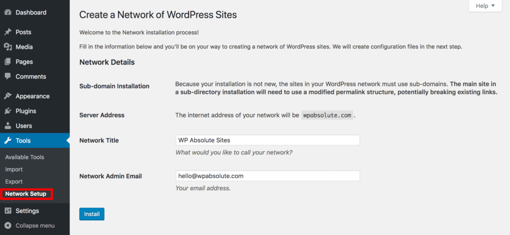 Network Setup Create WordPress Multisite Network