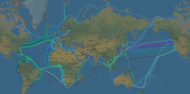 Major data communication network cables positioned around the world