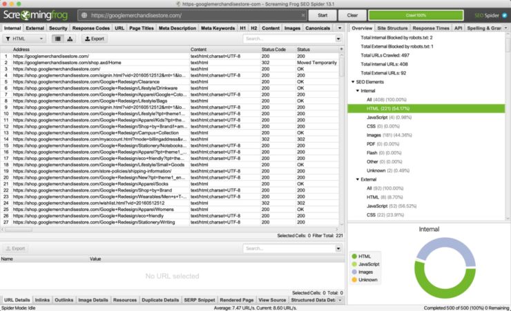 Screaming Frog internal html url crawl screen